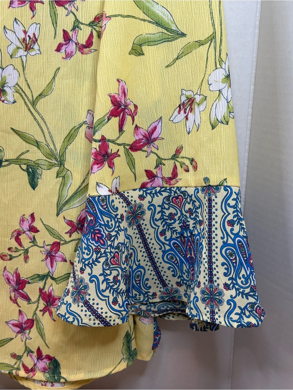 Figueroa & flower Fuchsia Yellow Floral Bell-Sleeve Blouse with Blue Trim - Picture 3 of 8